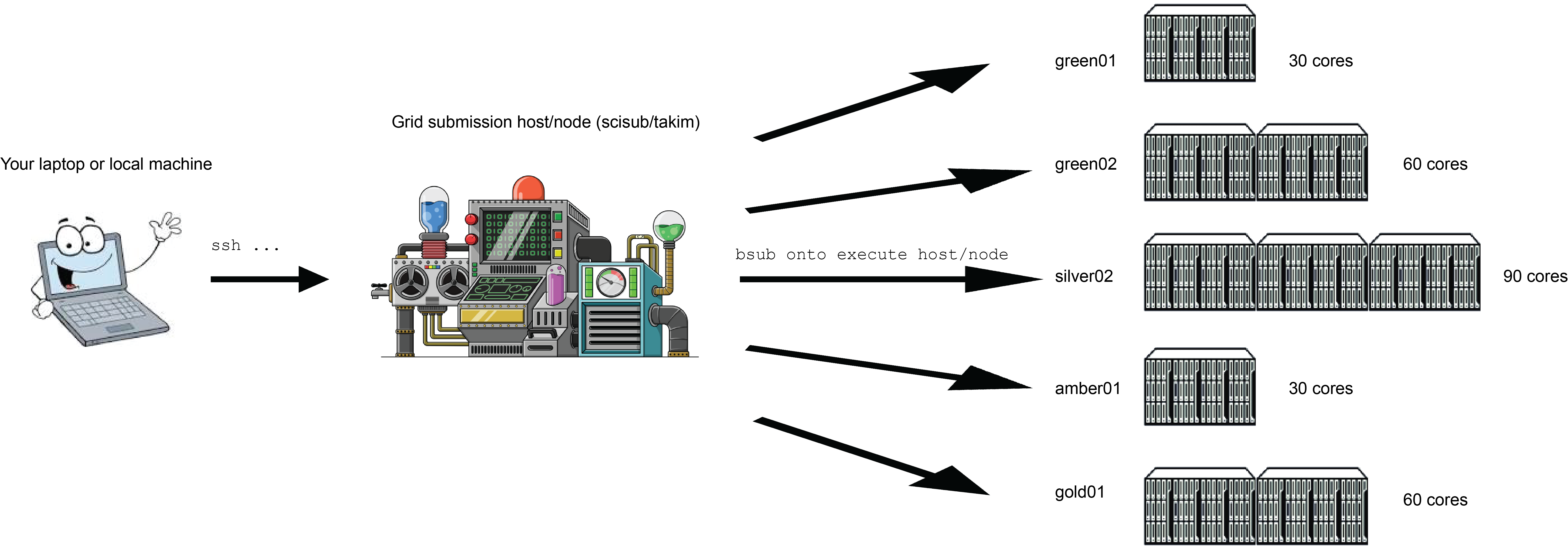 Pictoral representation of the hardware and layout of the grid. This graphic is not the accurate physical layout but simply provided as an example.